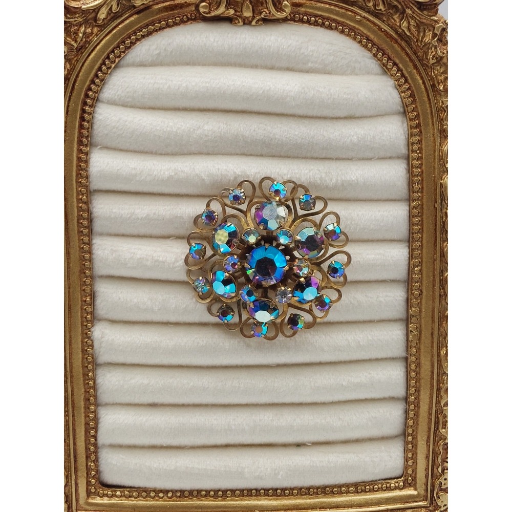 Aurora Borealis Rhinestone Brooch Gold Filigree Flower Grandmillennial Vintage - Picture 10 of 12